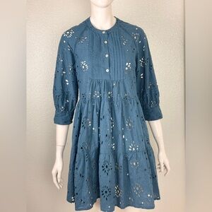 ANTROPOLOGIE dRA Blue Eyelet Button-Down Dress Size Small. D1